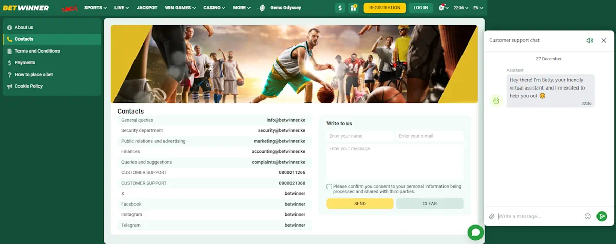 BetWinner Customer support chat and live chat and contacts Screenshot